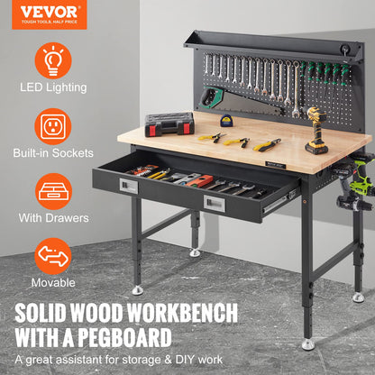 VEVOR Workbench Adjustable Height 28-39.5'' Work Bench for Garage Oak Plank & Carbon Steel Heavy Duty Workbench 2000lbs Weight Capacity top Size 48x24 Hardwood Workbench 3m Cable 30 Hooks, Black