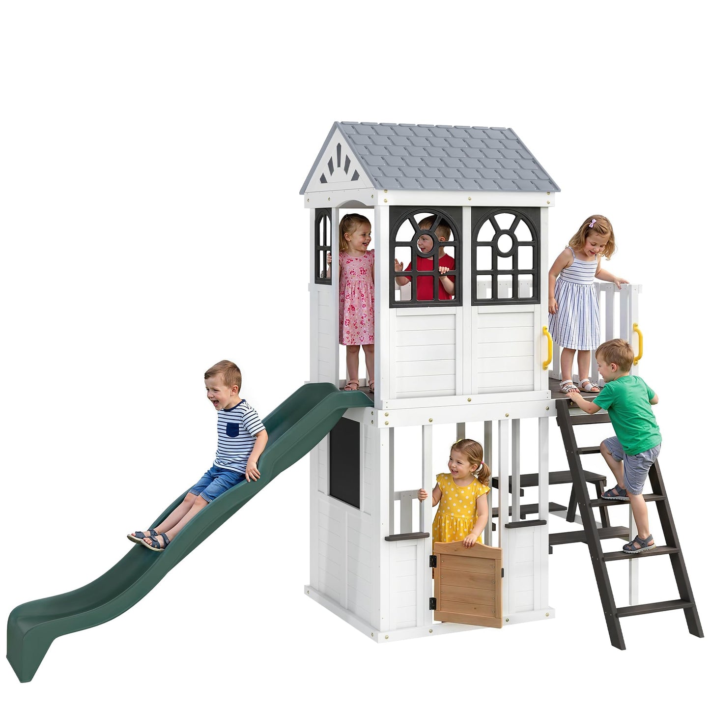 Qaba Two-Story Outdoor Wooden Playhouse for Kids with Slide, Picnic Table & Bench, Play Kitchen, Ladder, Lookout Platform for Age 2+ Backyard Play, White