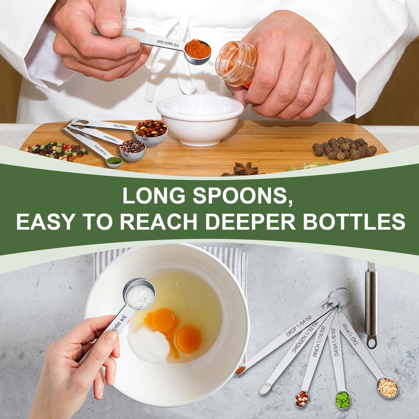 EWFEN Measuring Cups and Spoons Set, 7 Stainless Steel Nesting Measuring Cups & 7 Spoons, 5 Mini Measuring Spoons & 2 Detachable Rings, Kitchen Gadgets for Cooking & Baking, Round