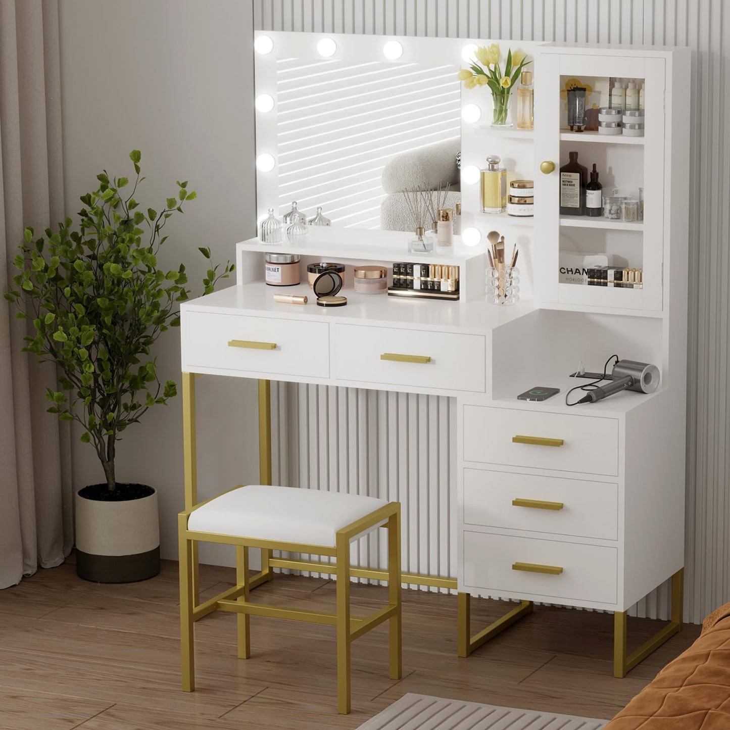 IDEALHOUSE Vanity Desk with Mirror and Lights, 43" Makeup Vanity Set with Stool, LED Lighted Mirror with 10 Bulbs, Drawers, Shelves & Charging Station, Dressing Table with Chair for Bedroom, White