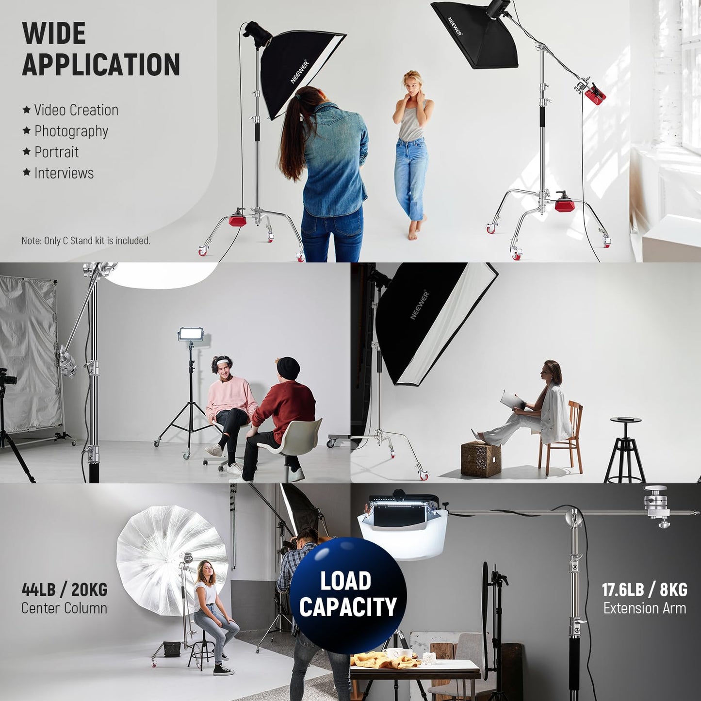 NEEWER Heavy Duty Light Stand, Metal 11.15ft/3.4m Adjustable Photography C Stand Tripod with Boom Arm Built in Spring Cushion 1/4" Screw for Studio LED Lights, DSLR Camera, Max Load: 22lb/10kg, Black
