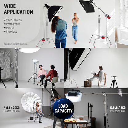 NEEWER Heavy Duty Light Stand, Metal 11.15ft/3.4m Adjustable Photography C Stand Tripod with Boom Arm Built in Spring Cushion 1/4" Screw for Studio LED Lights, DSLR Camera, Max Load: 22lb/10kg, Black