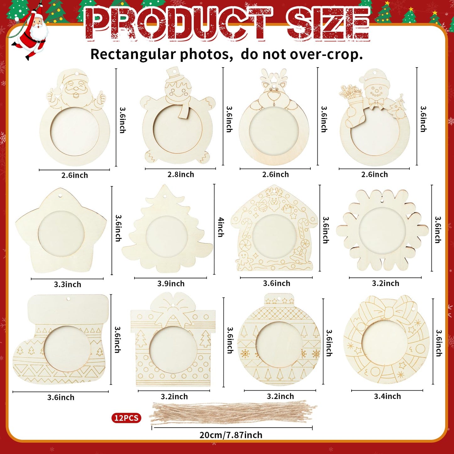 Thyle 12 Sets Christmas Picture Frame Craft Kits DIY Assortment Wooden Ornaments Bulk Xmas Tree Hanging Photo Frames for Christmas Party Winter Activities Home Decorations Gifts