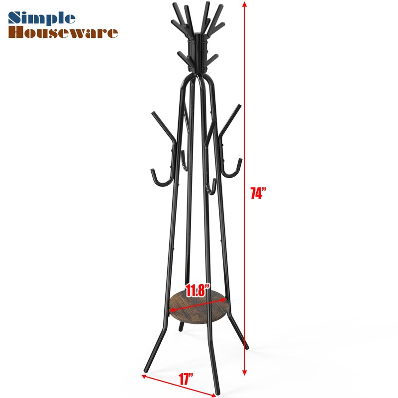 Simple Houseware Standing Coat Hat Hanger Organizer Tree Shaped Rack with Shelf for Entryway, Bedroom, and Hallway, 20 Hooks, Rustic Brown
