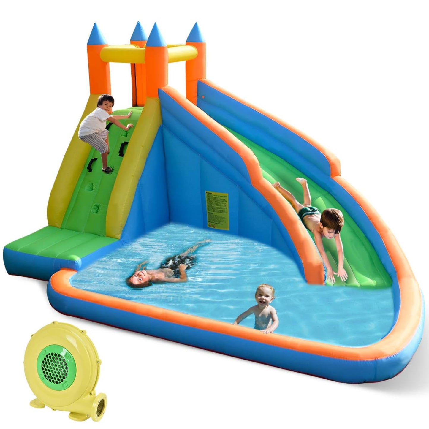 Costzon Inflatable Water Slide, Giant Bouncy Waterslide Park for Kids Backyard Outdoor Fun w/ 480w Blower, Climbing, Splash Pool, 2-pcs, Blow up Water Slides Inflatables for Kids Party Gift