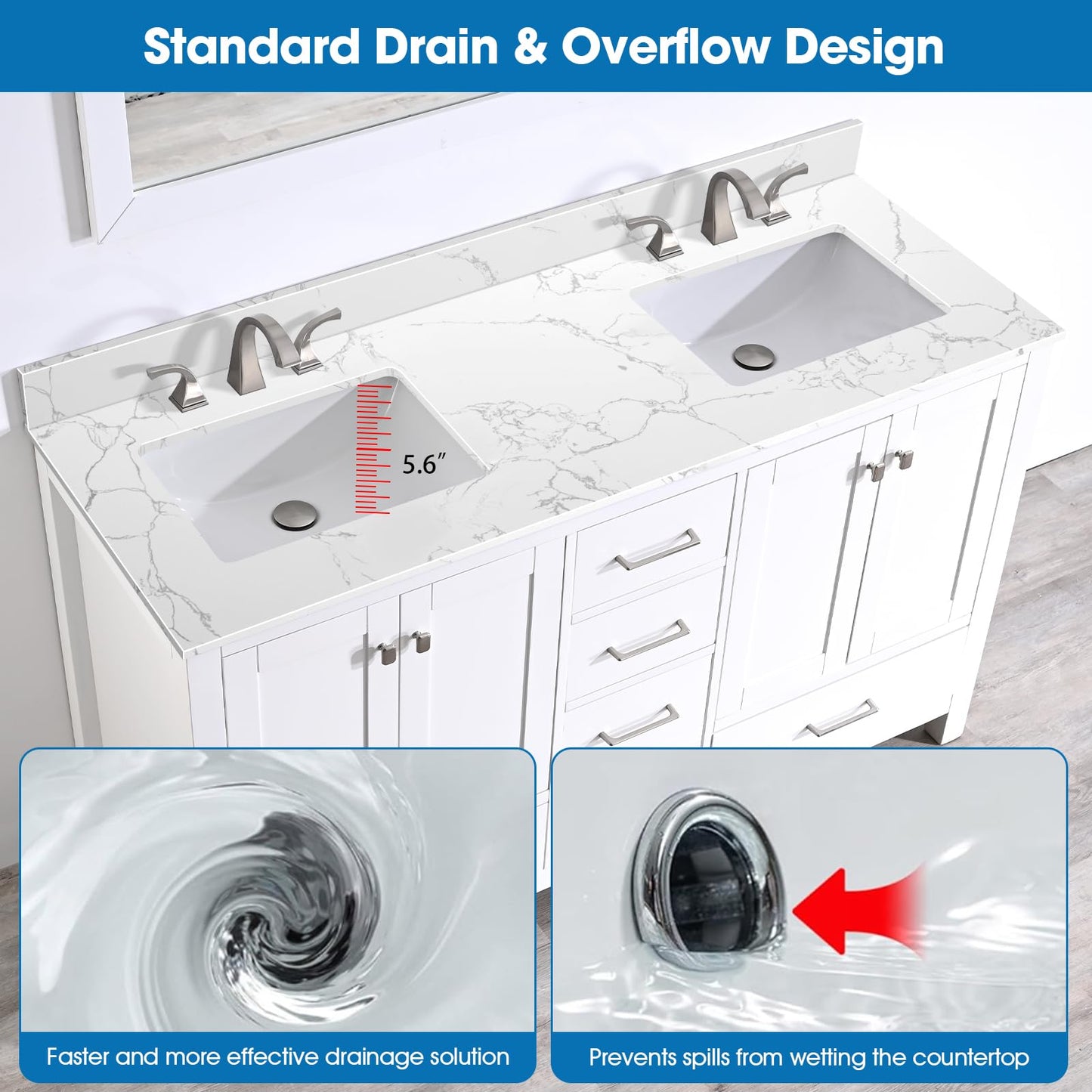 EQLOO 60 Inch Engineered Stone Bathroom Vanity Sink Top, with Undermount Rectangular Double Sinks, Vanity Countertop with 8 inch Faucet Hole Spacing and Backsplash in Lightning White