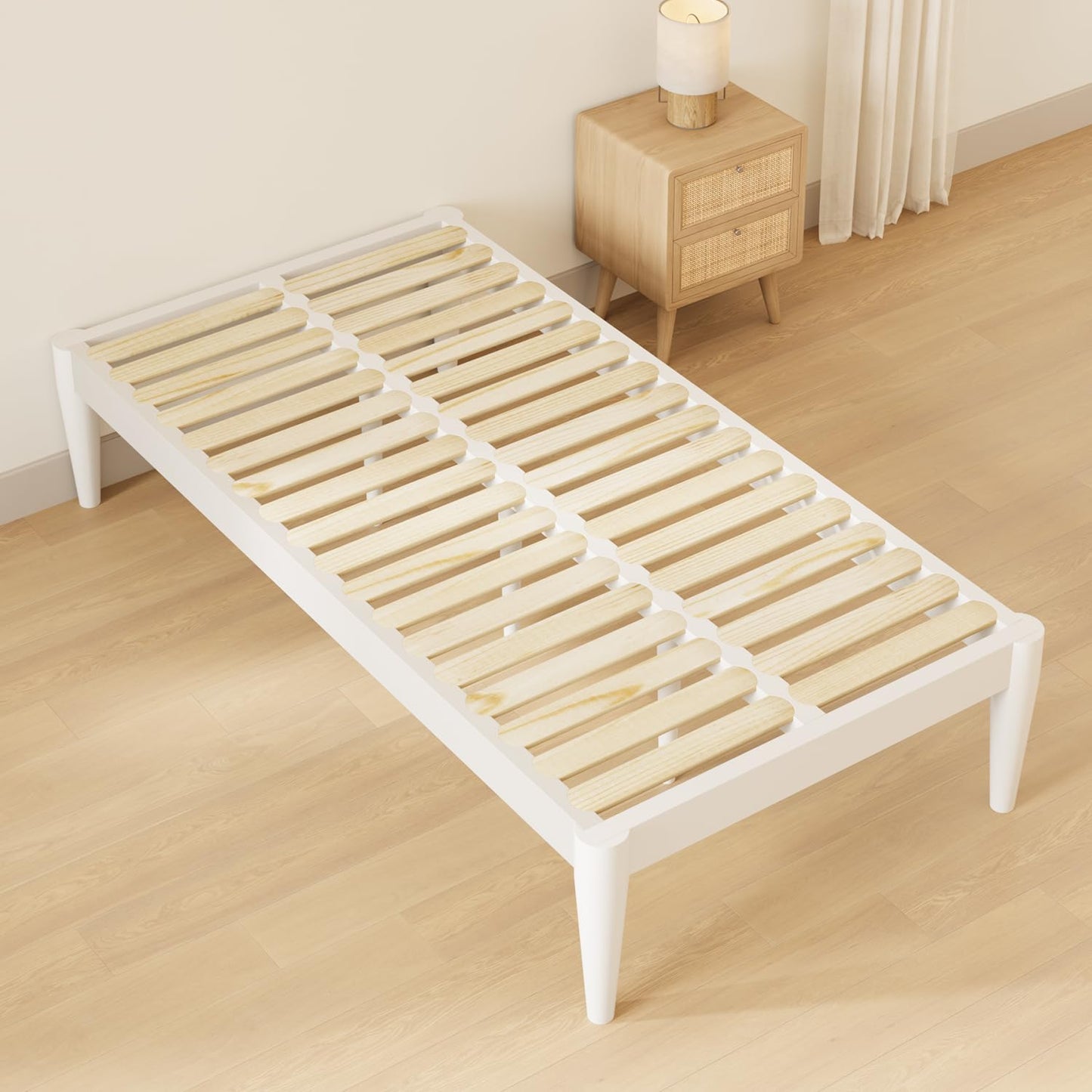 IOTXY Twin Platform Bed Frame - Solid Wood 16-Inch Height Mattress Foundation Base with Densely Slats and Heavy-Duty Support Legs, No Box Spring Needed, White