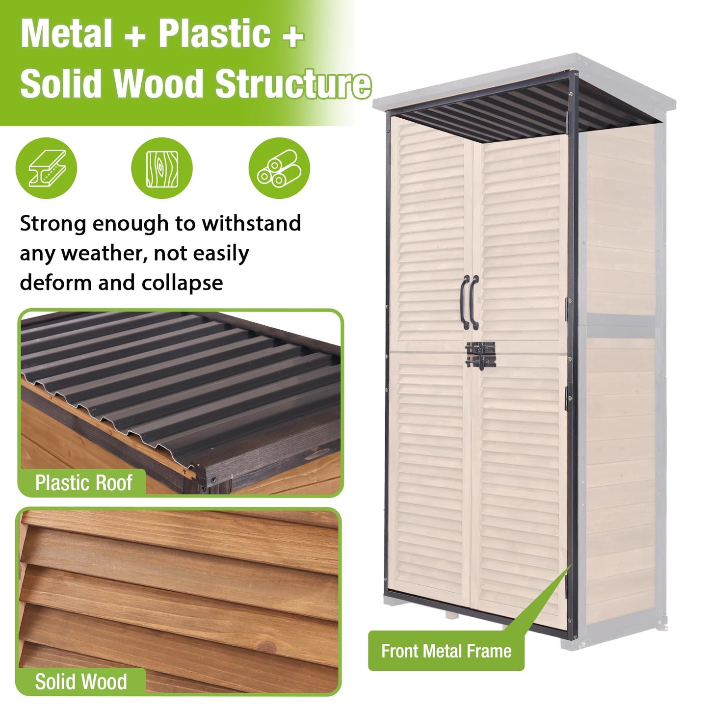 GUTINNEEN Outdoor Storage Cabinet Waterproof Metal Frame Wooden Storage Sheds Outdoor with Floor 4 Lockable Doors, 2 Adjustable Shelves, Garden Tool Shed for Patio Porch Backyard Lawn 63"