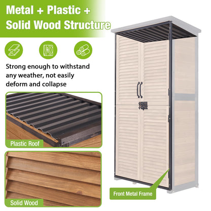 GUTINNEEN Outdoor Storage Cabinet Waterproof Metal Frame Wooden Storage Sheds Outdoor with Floor 4 Lockable Doors, 2 Adjustable Shelves, Garden Tool Shed for Patio Porch Backyard Lawn 63"