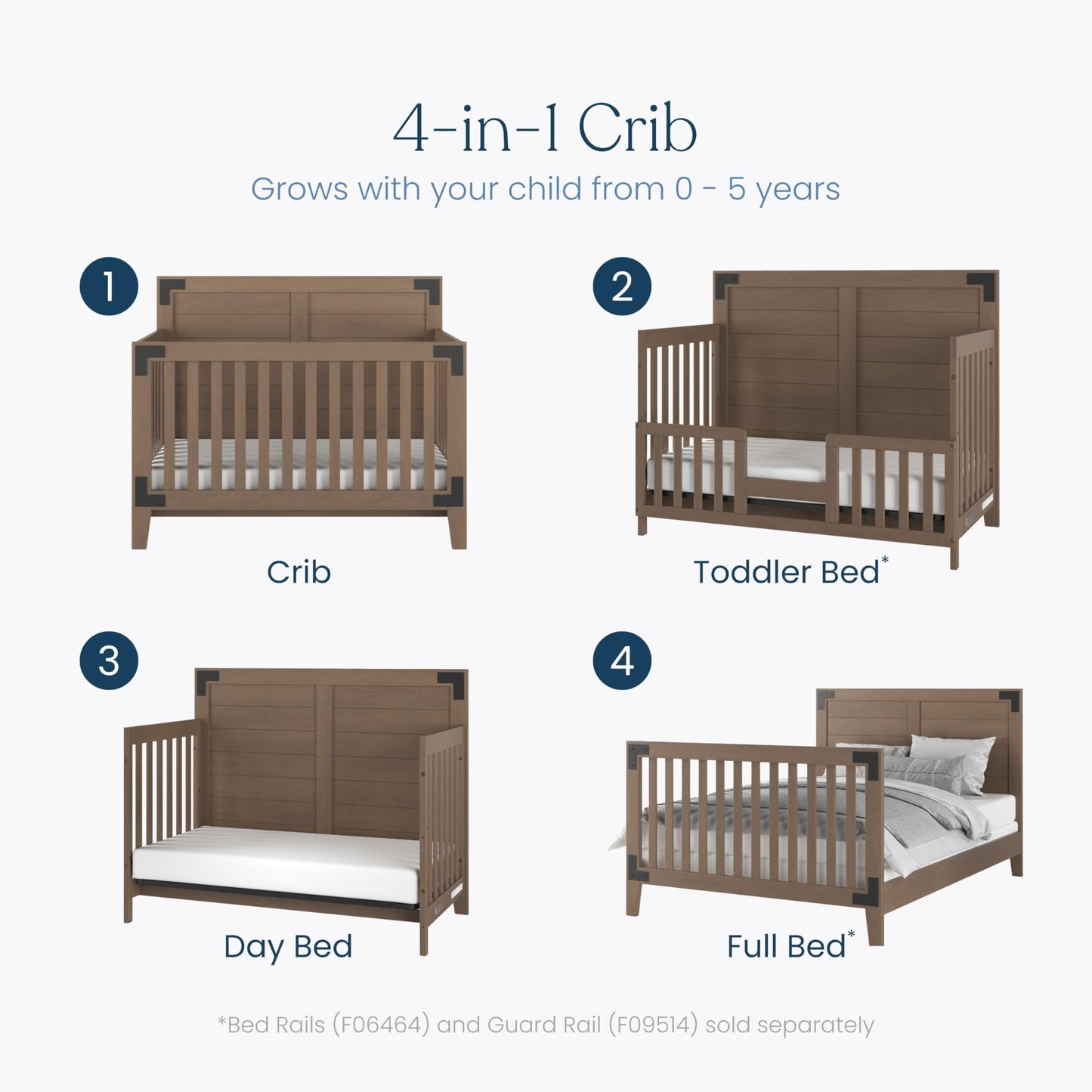 Child Craft Lucas Design 4-in-1 Convertible Baby Crib Nursery Furniture Set - Baby Bed, Toddler Bed and Full Size Bed, 3 Adjustable Mattress Positions, Real Wood, Baby Safe Finish (Dusty Heather)