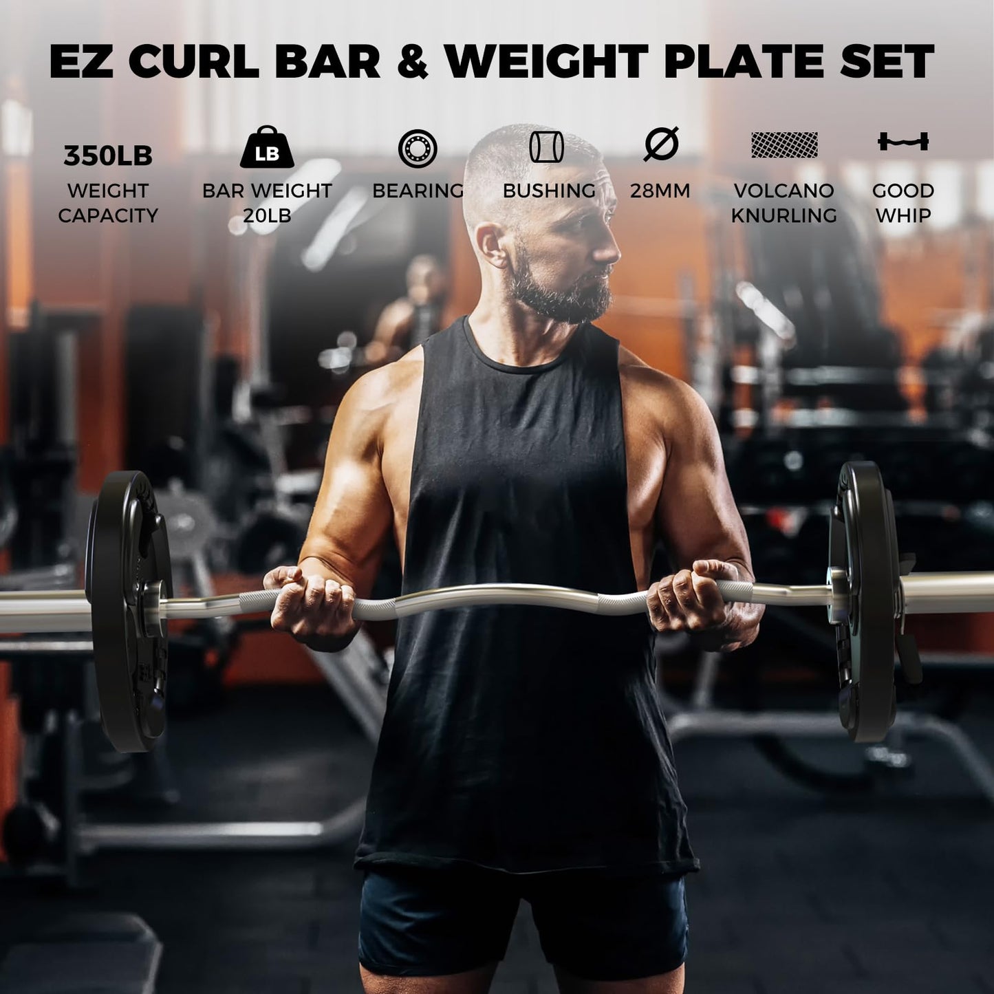 RitFit 2 Inch EZ Curl Bar with Weights, 350LBS Capacity Olympic Barbell for Bicep & Triceps, Home Gym Strength Training,with 85LBweights