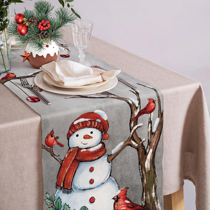 13x108 Inch Christmas Red Bird Branch Table Runner Snowman Cardinal Burlap Table Runners, Winter Xmas Seasonal Coffee
