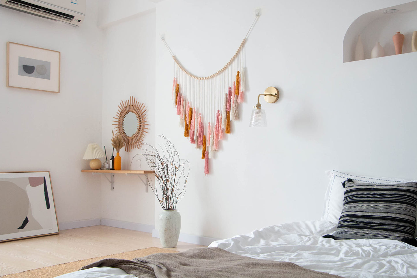 Decocove Macrame Wall Hanging - Large Macrame Wall Hanging with Wood Beads - Bohemian Wall Decor for Bedroom, Living Room and Kitchen - Pink and Gold- 35'' x 36''