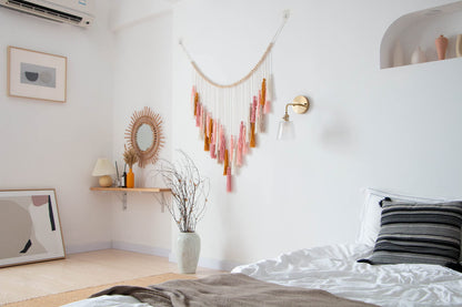 Decocove Macrame Wall Hanging - Large Macrame Wall Hanging with Wood Beads - Bohemian Wall Decor for Bedroom, Living Room and Kitchen - Pink and Gold- 35'' x 36''