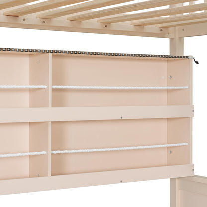 Merax Twin XL Over Queen Wood Bunk Bed Frame with Integrated Side Storage Shelves and Anti Falling Rope, Color-Changing Lights, Pegboard, Safe Guardrail and Ladder, for Teens, Adults, Guests (Beige)