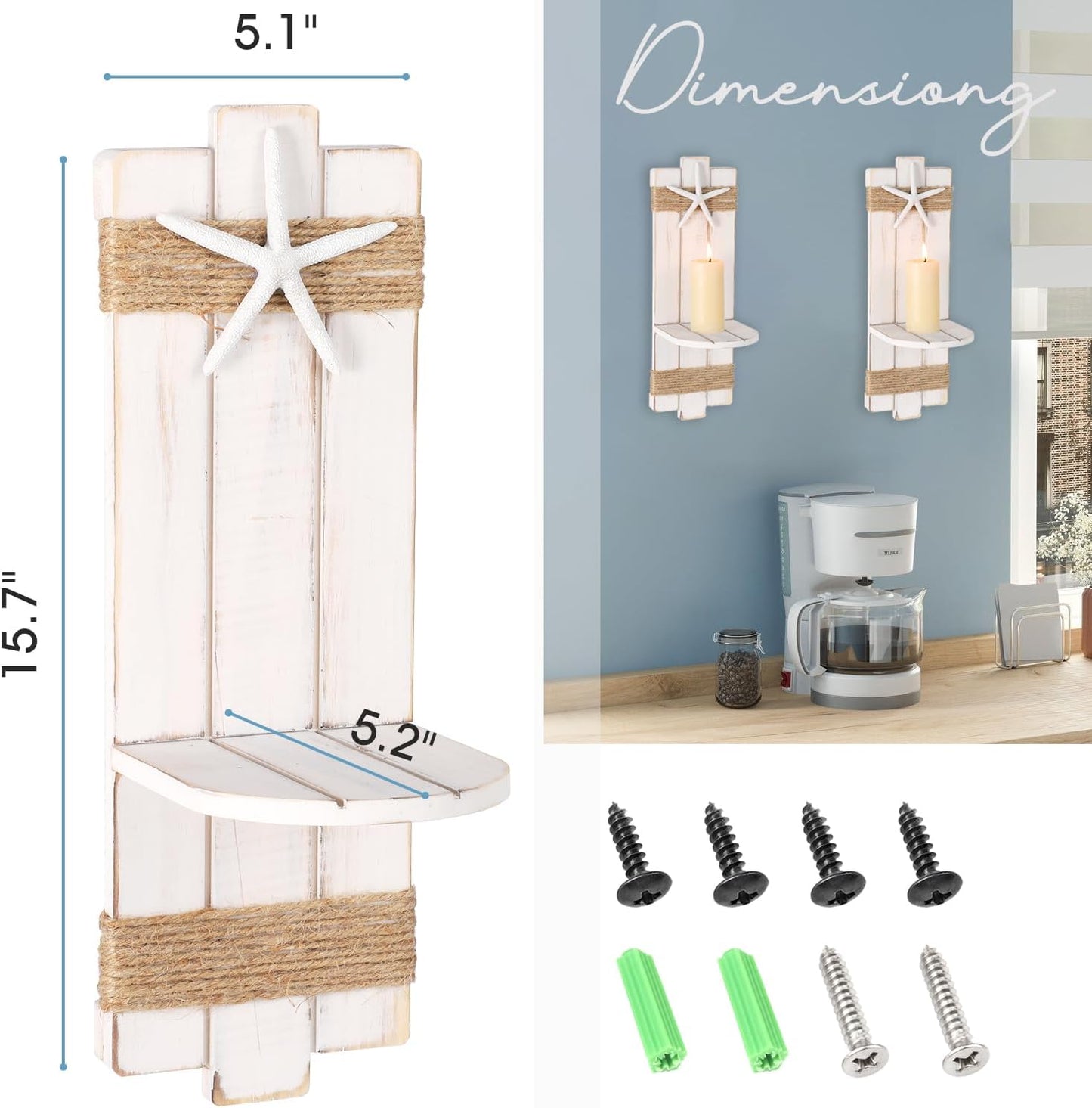 Holders,Set 2 SOMTO White Starfish Wall Candle Sconces,Beach Themed Wall Decor Ocean Wall-Mount Candleholders,Nautical