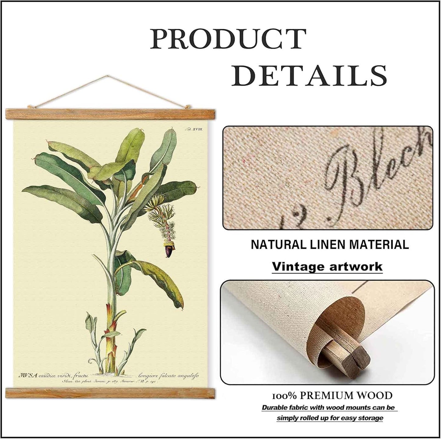 Vintage Banana Tree Poster Hanger Frame, Retro Style of Wall Art Prints, Printed on Linen with Natural Wooden Frames