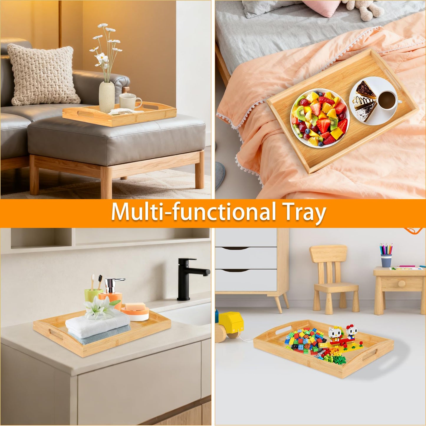 2-Pack Bamboo Serving Trays with Handles, 16" and 13", Decorative Food Tray Set for Breakfast, Coffee, Tea, Snacks, Ideal for Coffee Table, Ottoman, Living Room & Kitchen