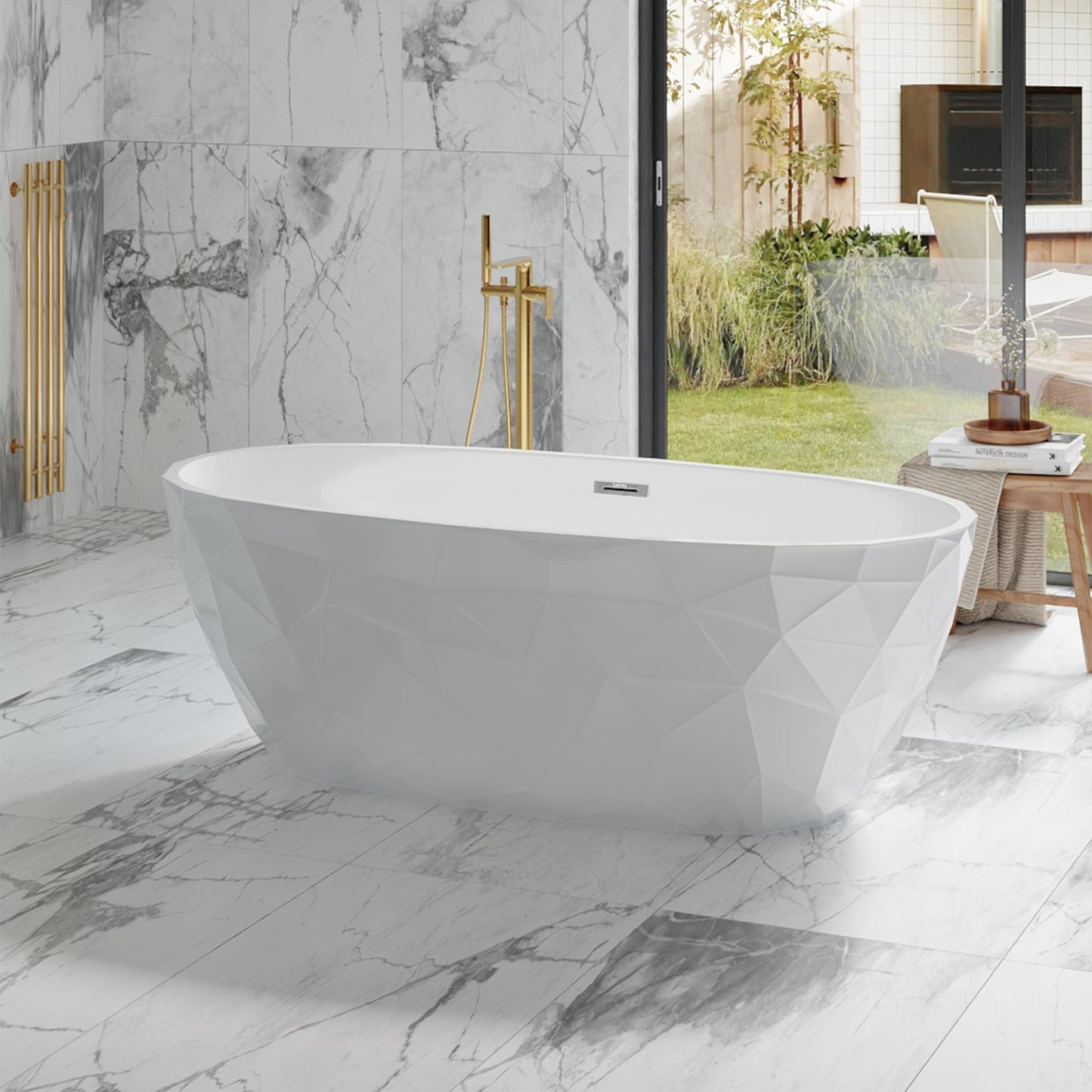 Freestanding Bathtub 59", Diamond Shape Acrylic Tub with Chrome Overflow & Pop-Up Drain, Modern White Soaking Tub for Bathroom