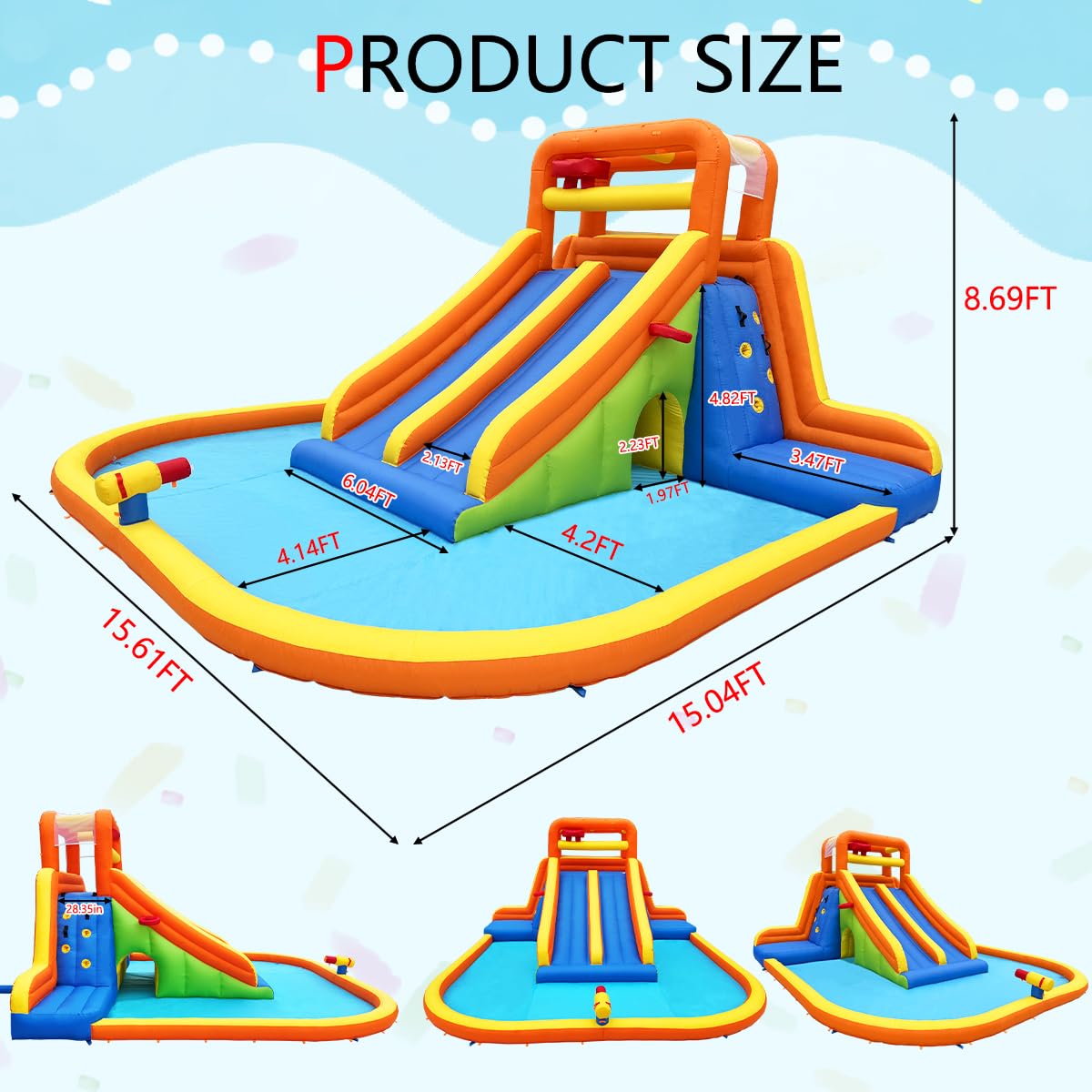 HuaKastro 15.6x15FT Giant Water Slide for Big Kids 5-12, Inflatable Water Park with Big Splash Pool, Dual Tall Slides & 2 Climb Walls for Racing Fun, W/Surprise Water Dump Bucket, Hide&Seek Cave