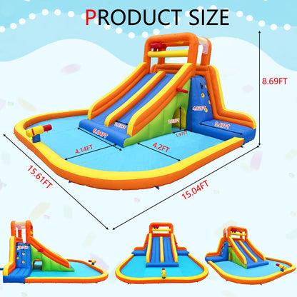 HuaKastro 15.6x15FT Giant Water Slide for Big Kids 5-12, Inflatable Water Park with Big Splash Pool, Dual Tall Slides & 2 Climb Walls for Racing Fun, W/Surprise Water Dump Bucket, Hide&Seek Cave