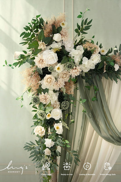 Ling's moment Wedding Arch Flowers with Sheer Drapes Kit - Artificial Spring Green Rose Floral Arrangements for Ceremony Backdrop, Arbor Decor, 5-Piece Set (2 Flower Stems + 3 Hanging Drapes)