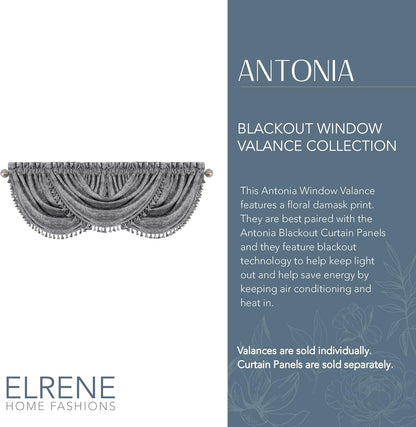 Elrene Home Fashions Antonia Floral Damask Waterfall Window Valance with Tassels, 52"x36", Silver