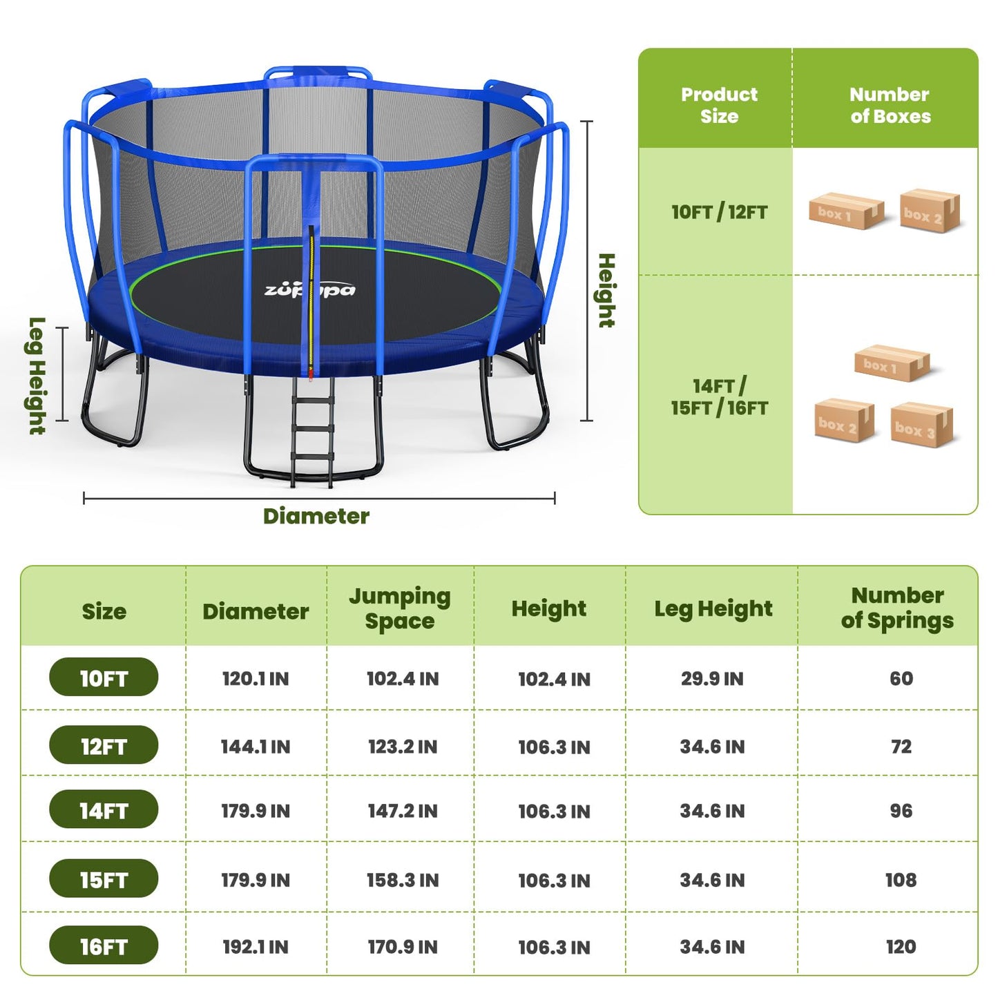 Zupapa 1800LBS Capacity No-Gap Design 16 15 14 12 10FT Trampoline with Safety Enclosure Net and Non-Slip Ladder 10-Year Quality Assurance Perfect for Kids Family Outdoor Backyard Fun