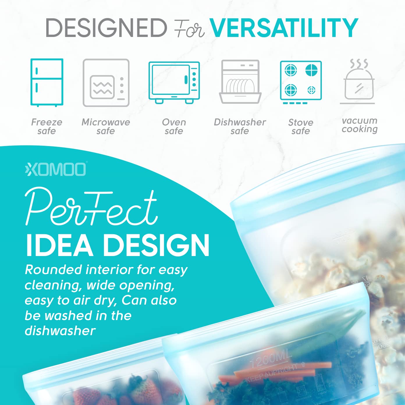 Reusable food container silicone bag, Upgrade second generation 6 Pcs Zip Containers Storage, 100% Silicone Reusable Food Bag, Stand Up Preservation Bag, Rounded interior for easy cleaning.
