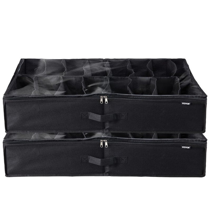 VEVOR Under Bed Shoe Storage Organizer, Set of 2, Total 32 Compartments, Underbed Shoes Closet Storage Solution with Clear Window, Breathable, Foldable Fabric Container Box with Reinforced Handles