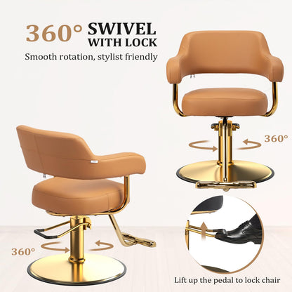 OmySalon Barber Chairs for Barbershop Brown and Gold Styling Chair, Salon Chair for Hair Stylist Heavy Duty Hydraulic Pump, 360°Swivel with Footrest, Hairdressing Home Beauty Spa Braiding Equipment