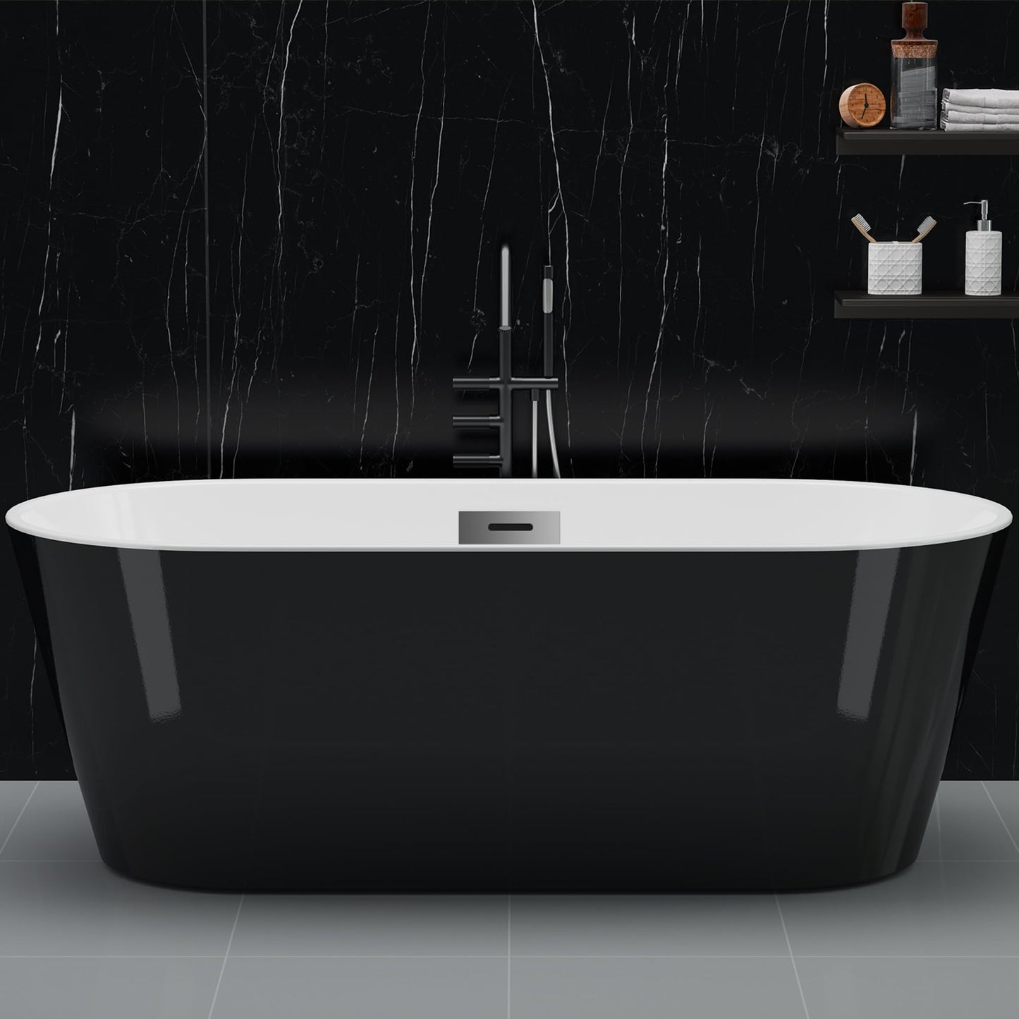 59 Inch Freestanding Bathtub, Acrylic, Deep Soaking Tub with Non-Slip Base, Modern Black Free Standing Tub for Bathrooms, cUPC Certified with Chrome Drain
