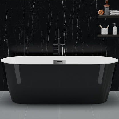 59 Inch Freestanding Bathtub, Acrylic, Deep Soaking Tub with Non-Slip Base, Modern Black Free Standing Tub for Bathrooms, cUPC Certified with Chrome Drain