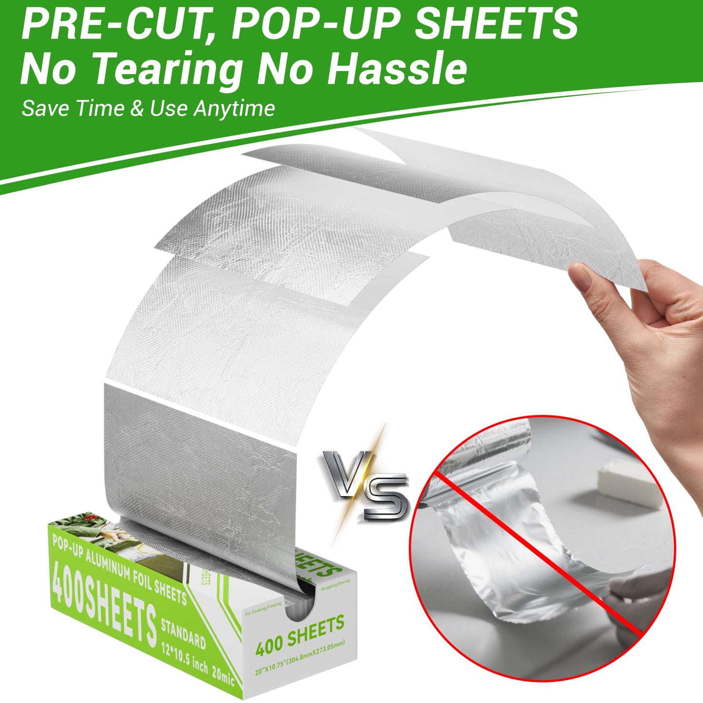 Aluminum Foil Sheets, 400 Count Tin foil,12" x 10.6" Pre-Cut Pop-Up Dispenser for Food Wrap, Hot Dog or Sandwich Wrap,Food Storage, Baking, Catering, Restaurant,Kitchen Use (Silver, 12 Inch)