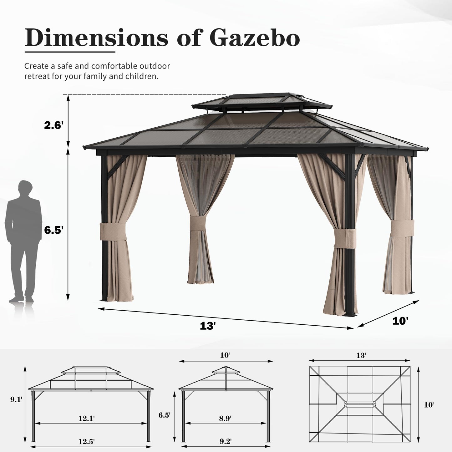 YOLENY 10'x13' Hardtop Gazebo, Outdoor Polycarbonate Double Roof Canopy, Aluminum Frame Permanent Pavilion with Curtains and Netting, Sunshade for Garden, Lawns, Patio