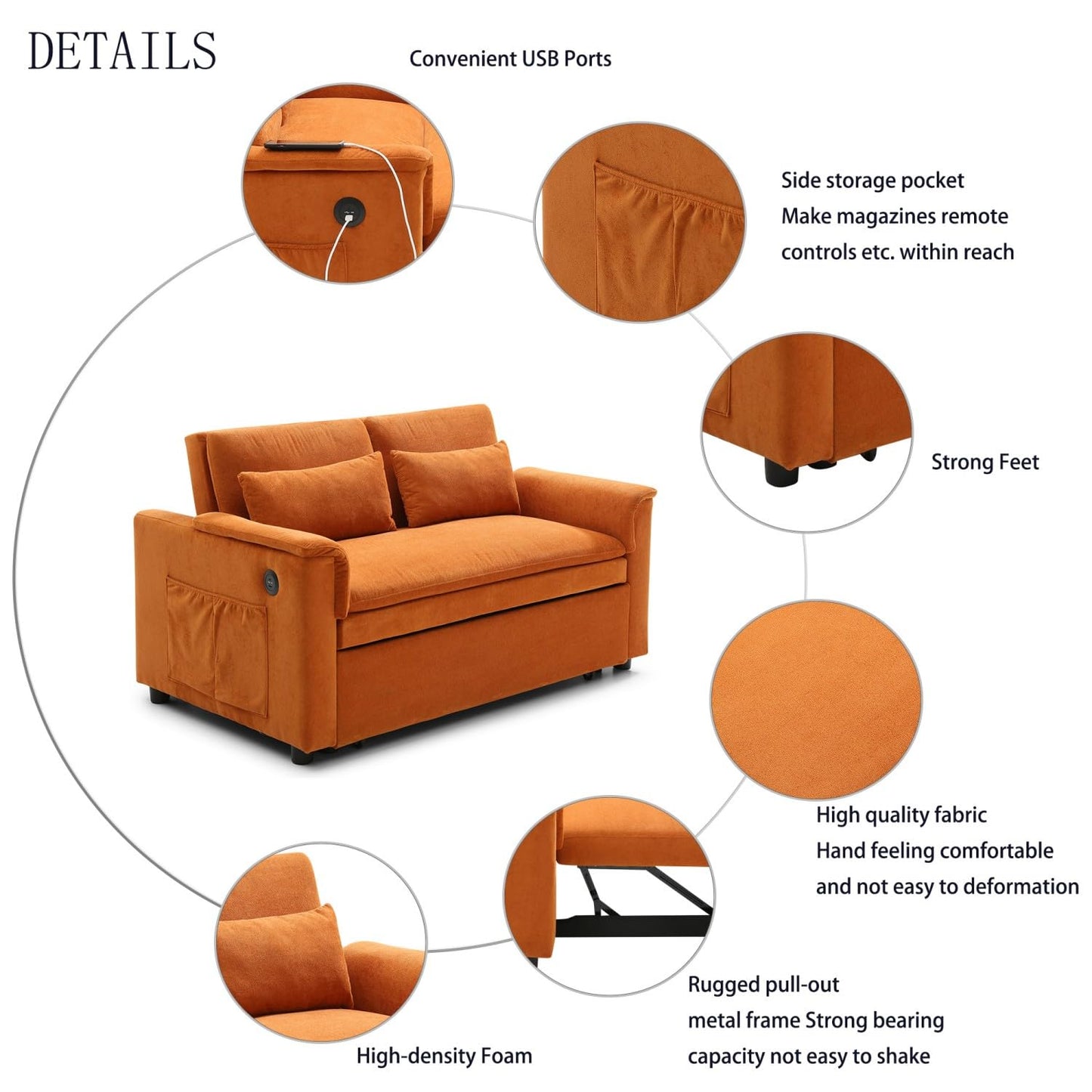 55" Convertible Futon Sofa Bed, Velvet 3 in 1 Sleeper Sofa, Pull Out Couch with USB Ports & 2 Waist Pillows, Adjustable Backrest Loveseat Sofa, Couches for Living Room, Apartment, Bedroom, Tangerine