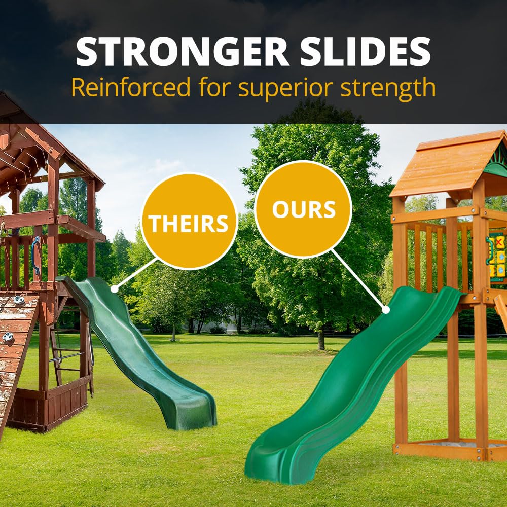 Gorilla Playsets 01-1057 Playmaker Deluxe Wooden Swing Set with Vinyl Canopy Roof, Dual Wave Slides, and Rock Climbing Wall, Redwood Stained Cedar