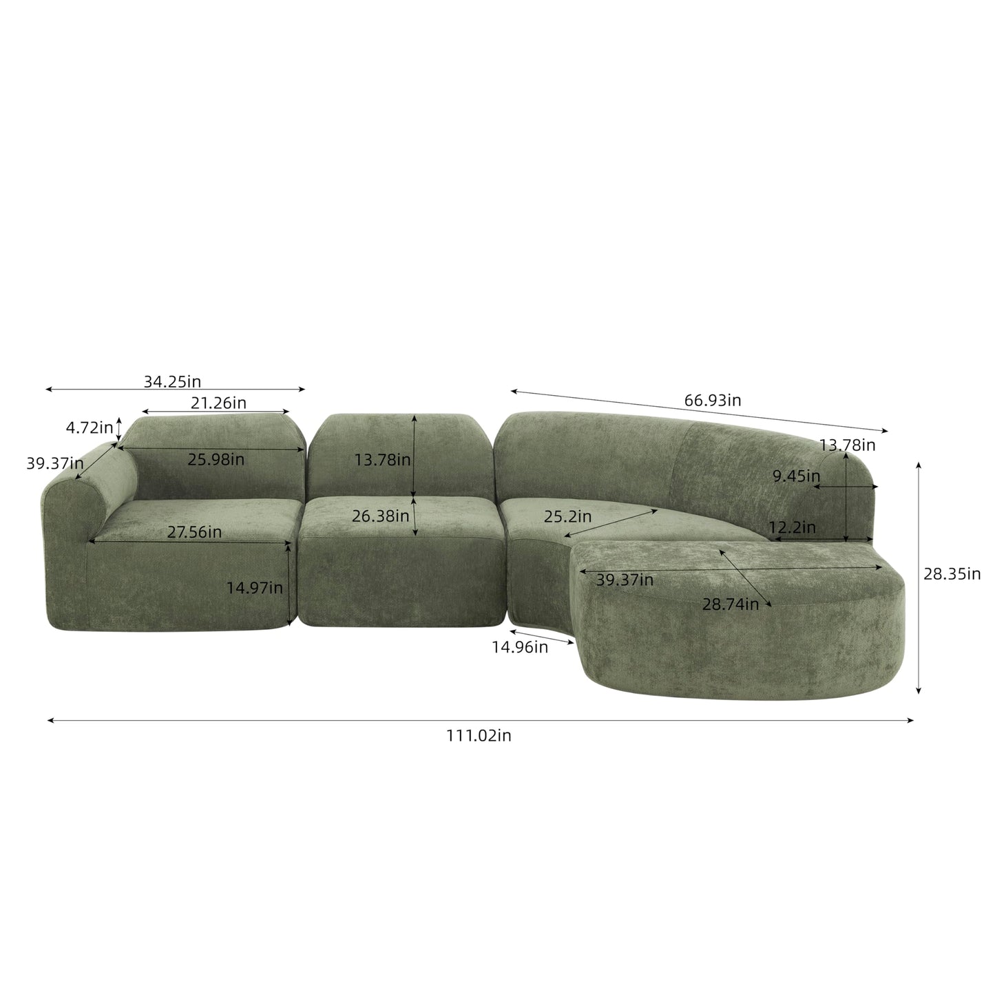 Christopher Knight Home Midel 111" Modular L-Shape Sofa Couch with Chaise Lounge, Modern Boneless Sofa for Living Room, Fabric Upholstered Cloud Couch with Deep Seat, Olive Green