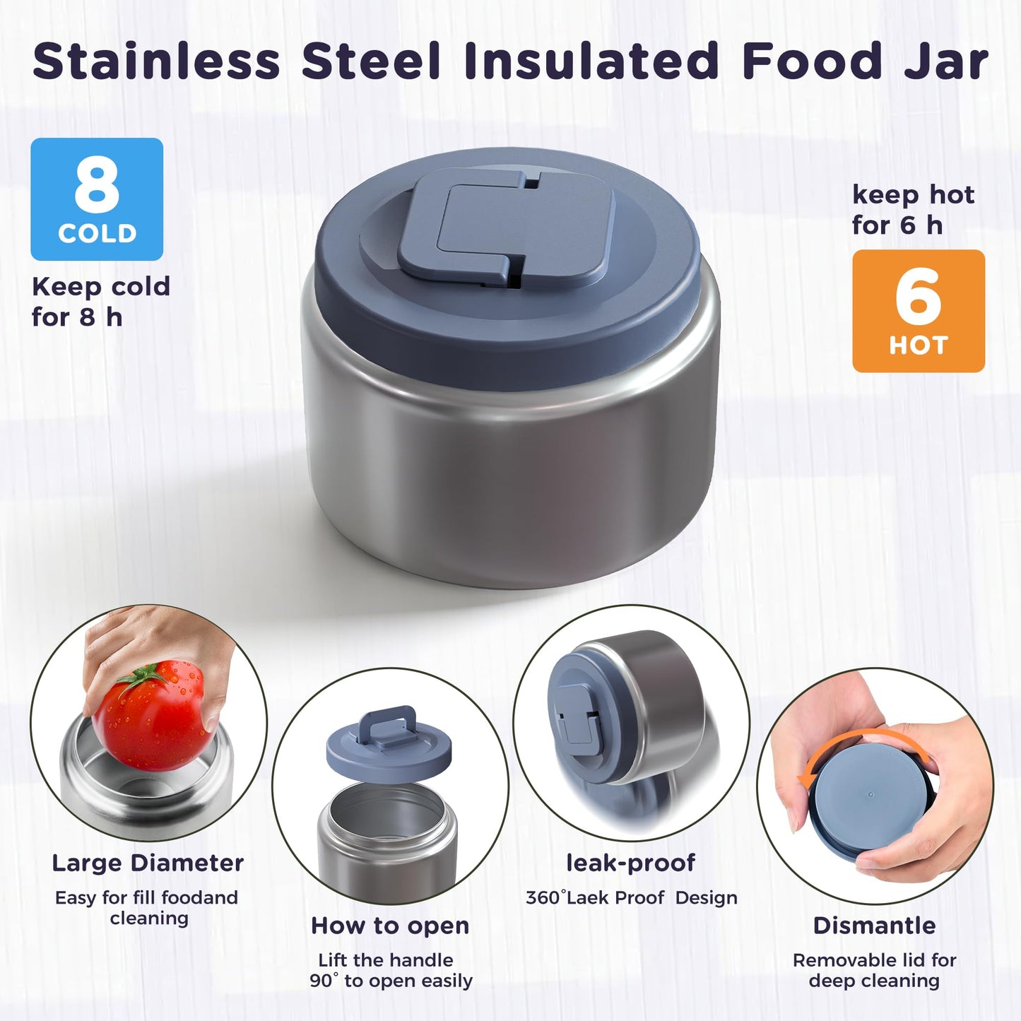 Fomazi Stainless Steel Bento Lunch Box for Kids Adults with 8oz Insulated Food Jar, Leak-proof, Dishwasher-Safe, Transparent Lid with Sauce Cup and Cutlery Storage for School & Travel,BPA-Free(Blue)