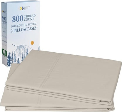 California Design Den Pillow Cases - Set of 2 Standard Size, 800 Thread Count 100% Cotton Sateen - Beige
