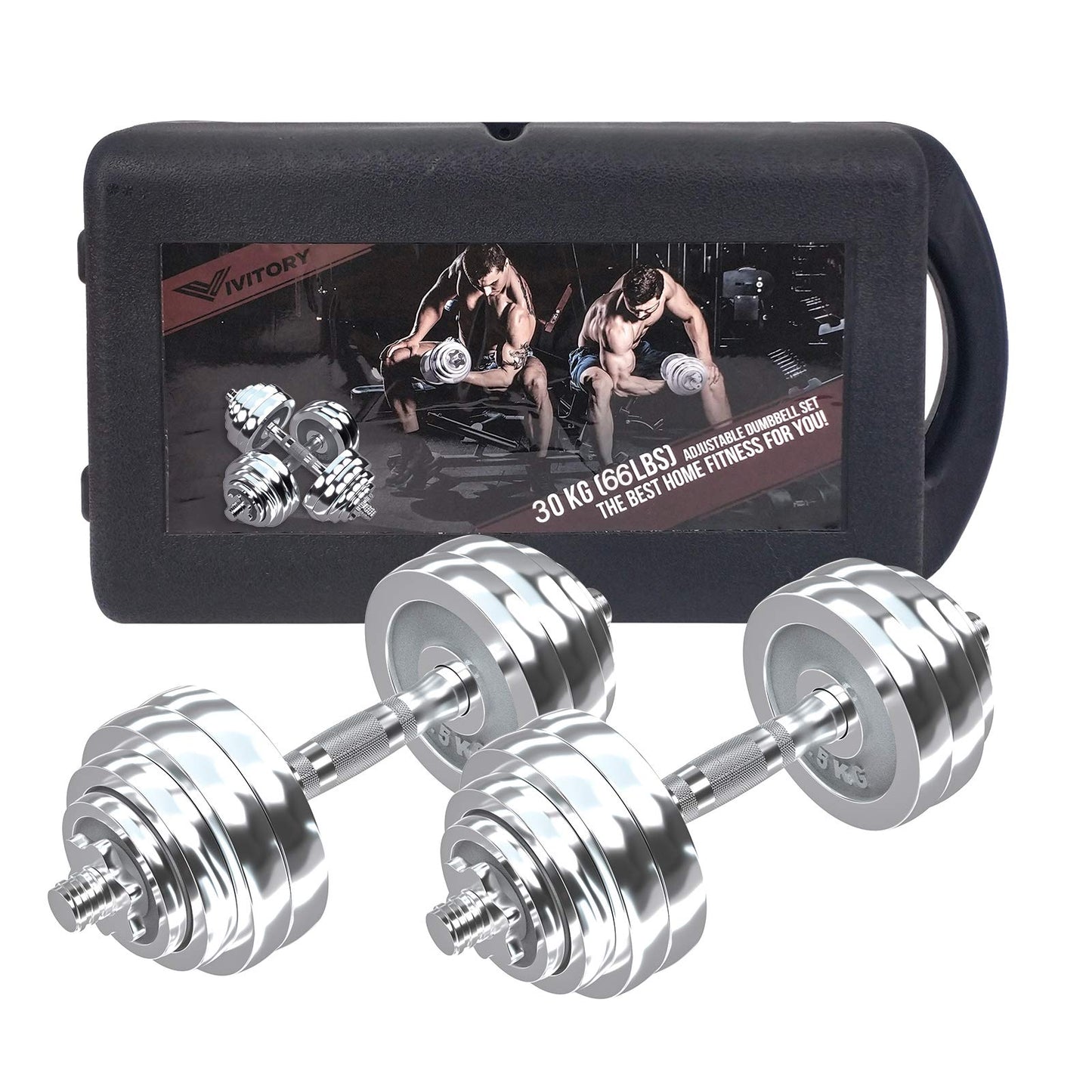 VIVITORY Fitness Dumbbells Set, Adjustable Weight Sets up to 11/22/44/66/110 lbs, with Metal Connecting Rod Used As Barbell, Chromed Weights, Hardcover Gift Box, Home Gym Work Out Training Equipment
