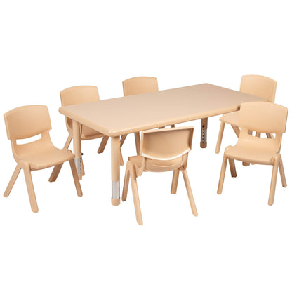 BizChair 24" W x 48" L Rectangular Natural Plastic Height Adjustable Activity Table Set with 6 Chairs