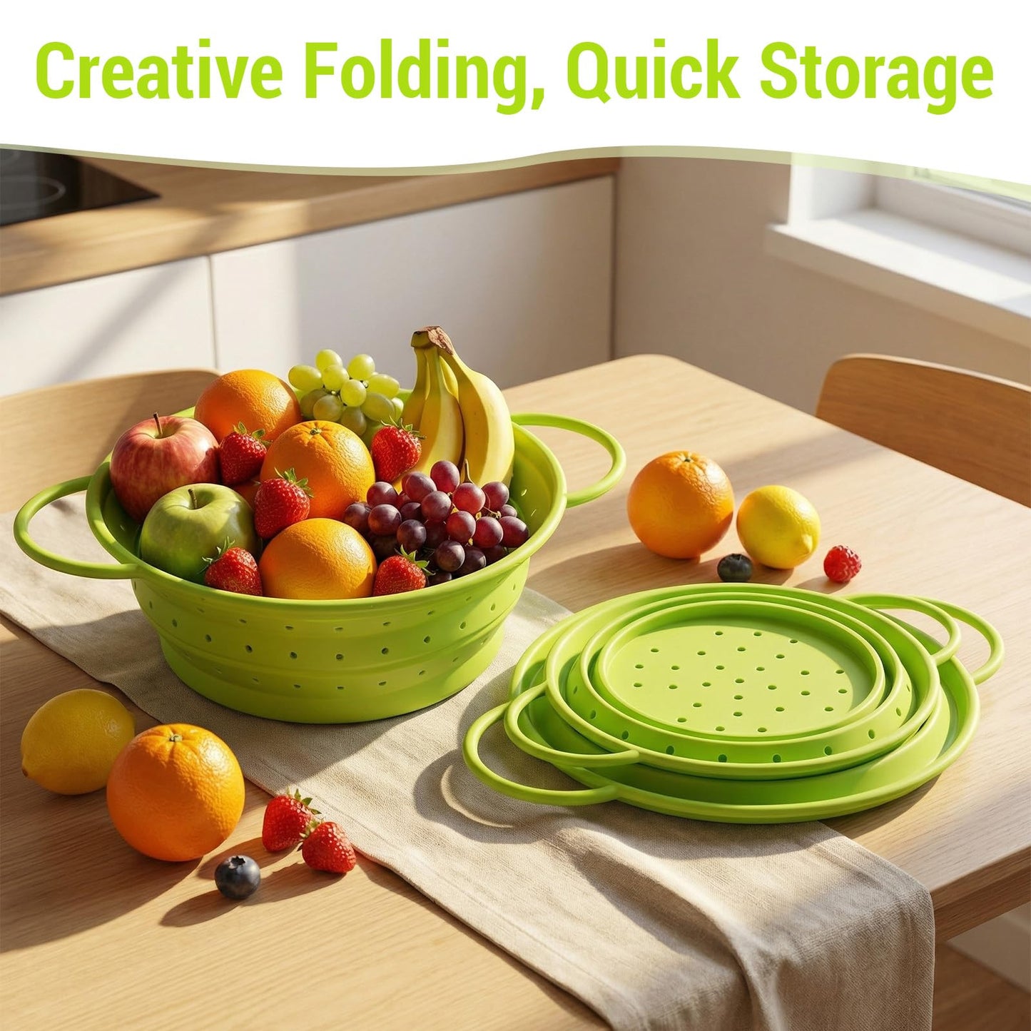 Afarnook 3 Pack Collapsible Colander with Strainer Bowl Set, 11 & 13 In BPA-Free Silicone Colanders for Kitchen, Heat-Resistant Strainer Dishwasher Safe Baskets for Vegetable Fruits (Green)