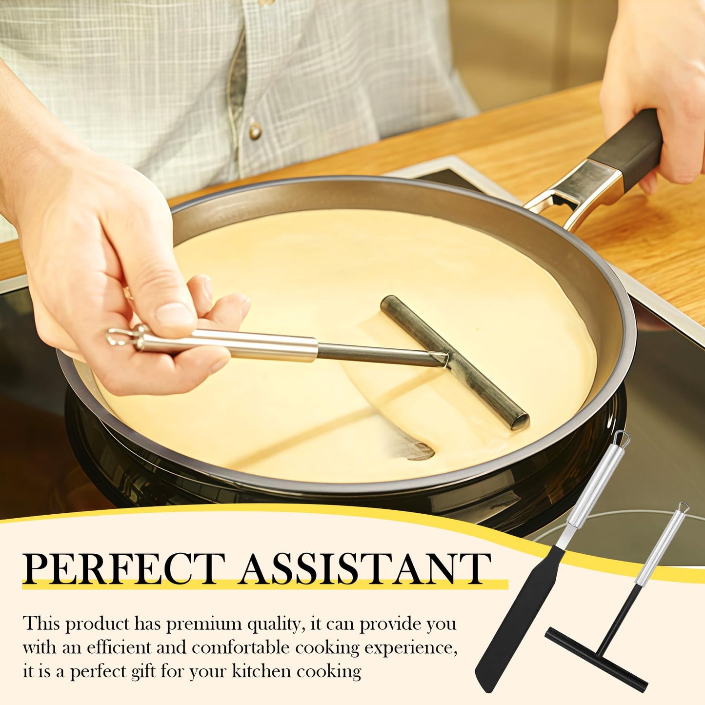 Crepe Spreader and Spatula Set - 2Pcs Stainless Steel T-Shaped Crepe Maker Tool with Nylon Handle, Even Thickness Distribution, Hanging Hole for Easy Storage for Baking and Cooking