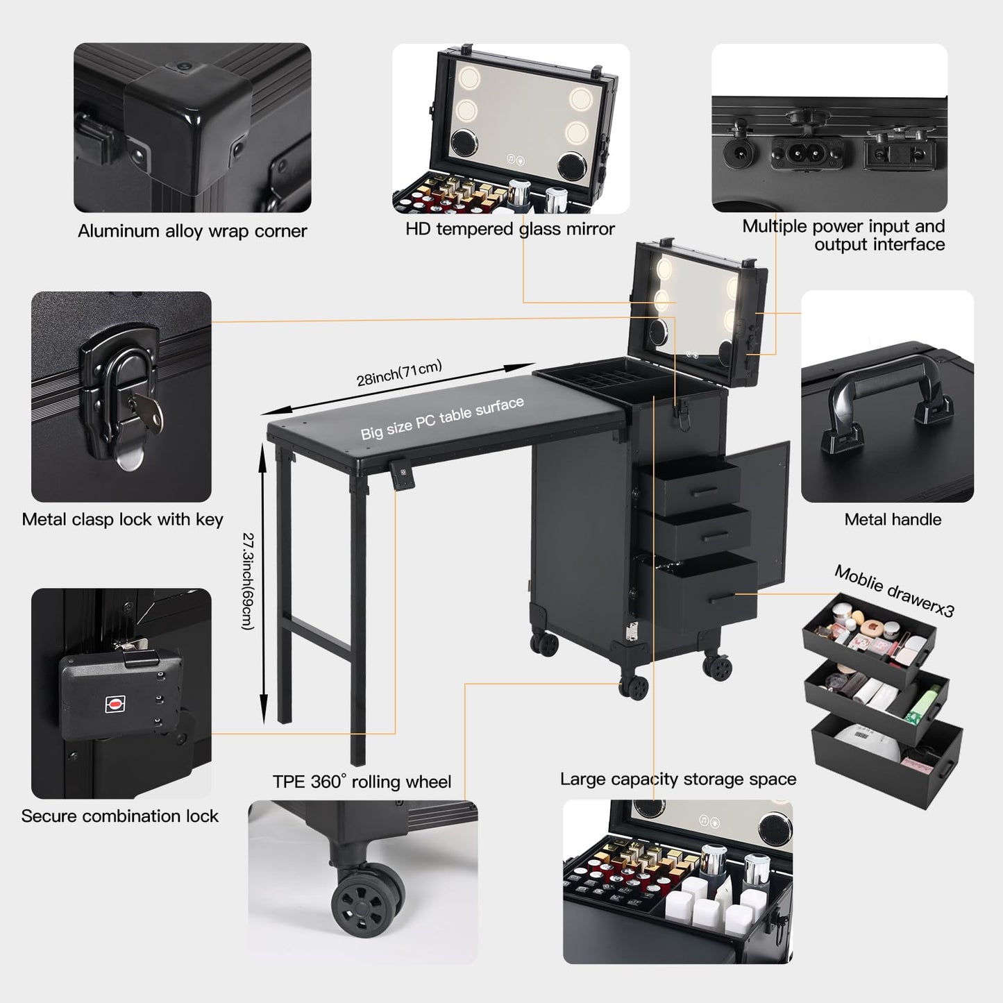 Portable Nail Desk for Nail Tech, Foldable Manicure Table with 3 Drawers & Mirror, Rolling Nail Table with Lockable Train Case, Nail Polish Organizer, Mobile Nail Tech Workstation with Wheels, Black