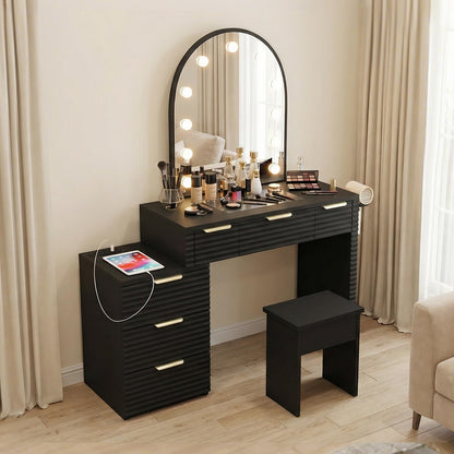 AraSyleon Makeup Vanity Desk with Mirror Lights Black, Glass Tabletop 3 Lighting Modes Adjustable Vanity Table Modern Makeup Desk with Chair Power Outlet and 6 Drawers for Bedroom
