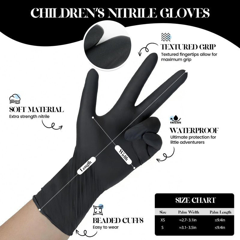 Xandoval Kids Disposable Gloves for 4-8 Years, 5Mil Small Black Nitrile Gloves for Work, Cleaning, Cooking, Gardening，Latex-Free and Powder-Free(XS,100PCS)