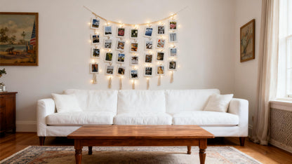 HOZII@FAB Macrame Hanging Photo Display Kit with 30 Cardstock Photo Frames & 5M Timer String Lights - Room Decor for Bedroom/Living Room/Dining Room - Ideal Gifts for Teen Girls & Craft Enthusiasts (Christmas/Birthday/Daily Surprise)