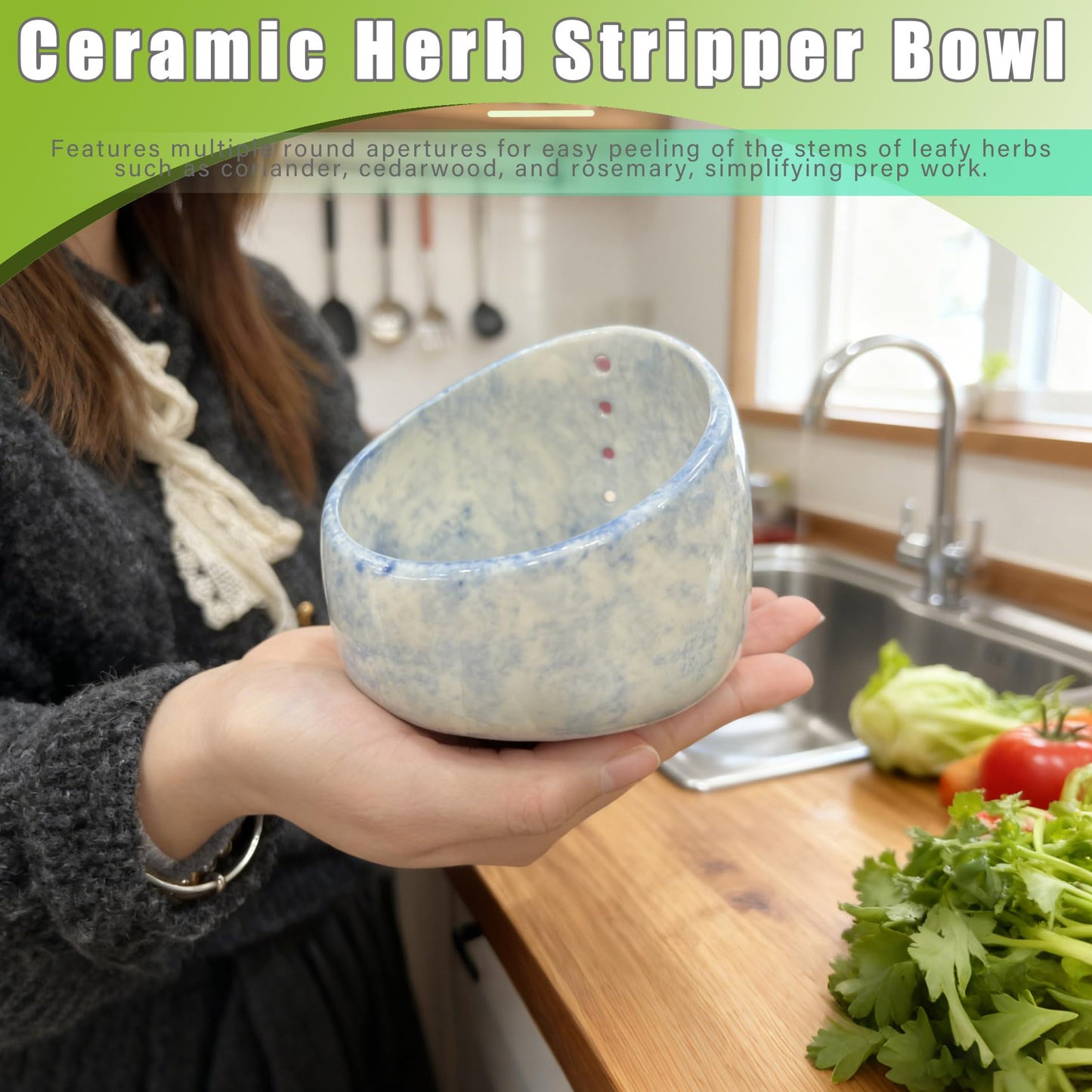 SHIRWAYUS Herb Stripper Bowl, Pottery Ceramic Herb Stripper Stripper for Ergonomic Design Fast Leaf Removal (Green)