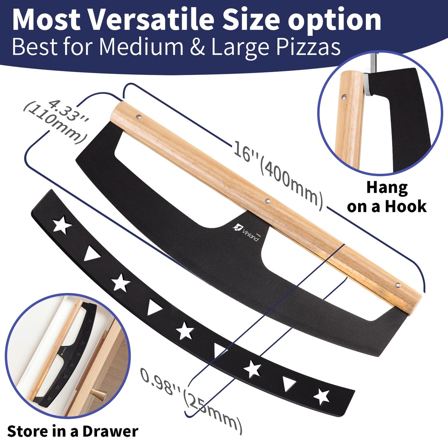 16-Inch Pizza Cutter Rocker Blade, Food Grade Stainless Steel Slicing Knife & Sharp, Rust-Proof, Stylish Rubberwood Wood Handle, Protective Cover - Professional Pizza Oven Accessories, Black